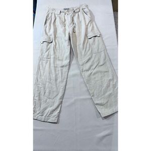 I-Max.Com Womens Linen Pleated Drawstring Straight Leg Cargo Pants Beige Size 32
